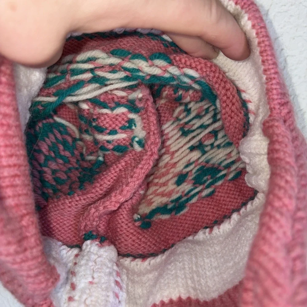 Cottagecore Wool Heart Side Tie Pink Beanie Cute Coquette Ski Hat Handmade